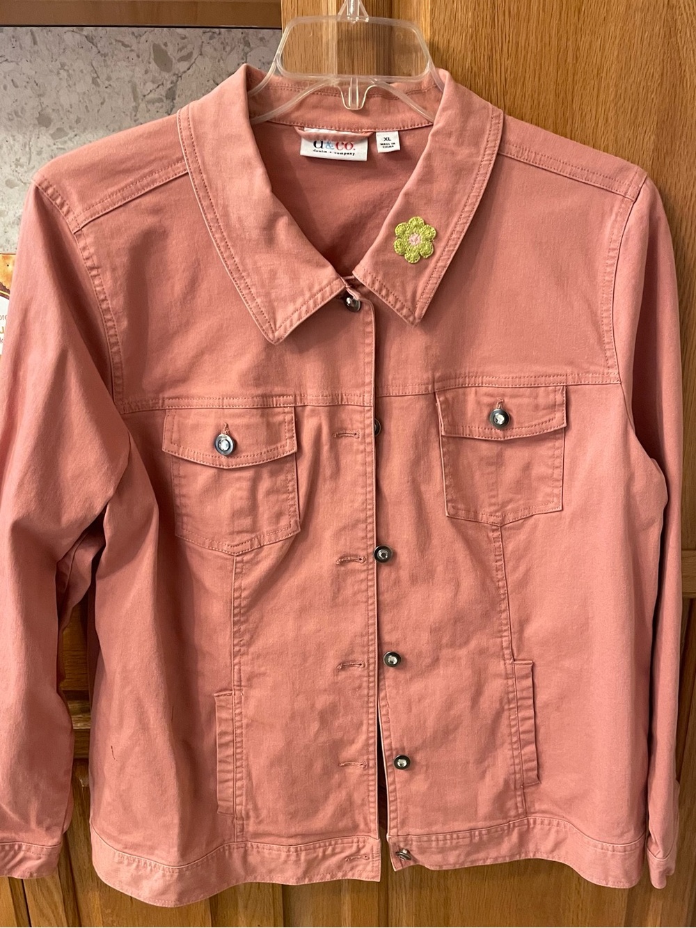 d&co. Pink/peach Denim Shirt Jacket with Floral Accent